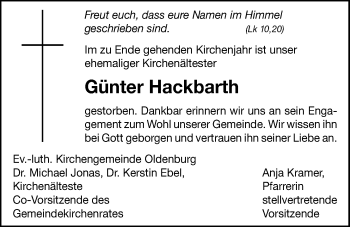 Traueranzeige von Günter Hackbarth von Nordwest-Zeitung