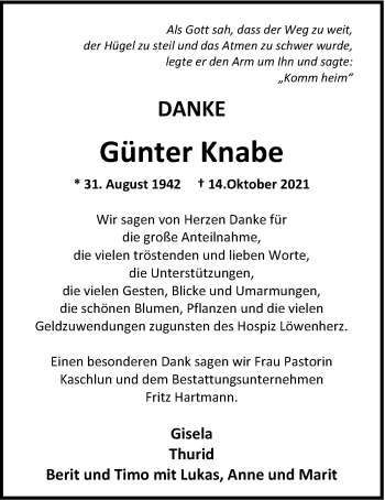 Traueranzeige von Günter Knabe von Nordwest-Zeitung