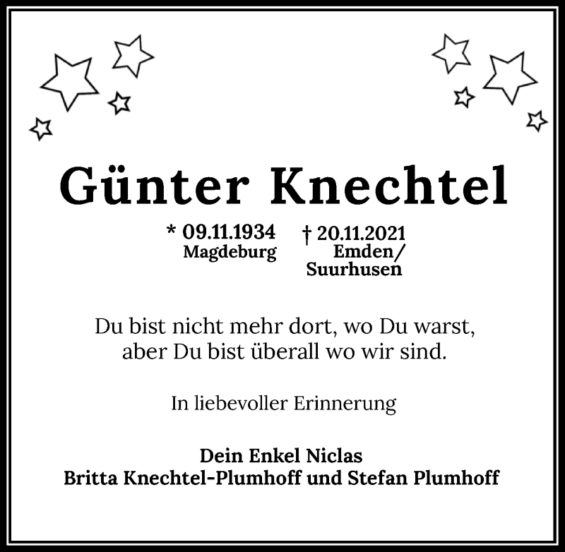  Traueranzeige für Günter Knechtel vom 26.11.2021 aus Emder Zeitung