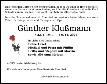 Traueranzeige von Günther Klußmann von Nordwest-Zeitung