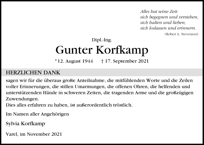  Traueranzeige für Gunter Korfkamp vom 03.11.2021 aus Nordwest-Zeitung
