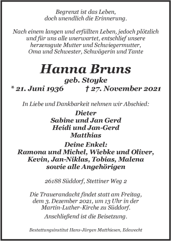 Traueranzeige von Hanna Bruns von Nordwest-Zeitung