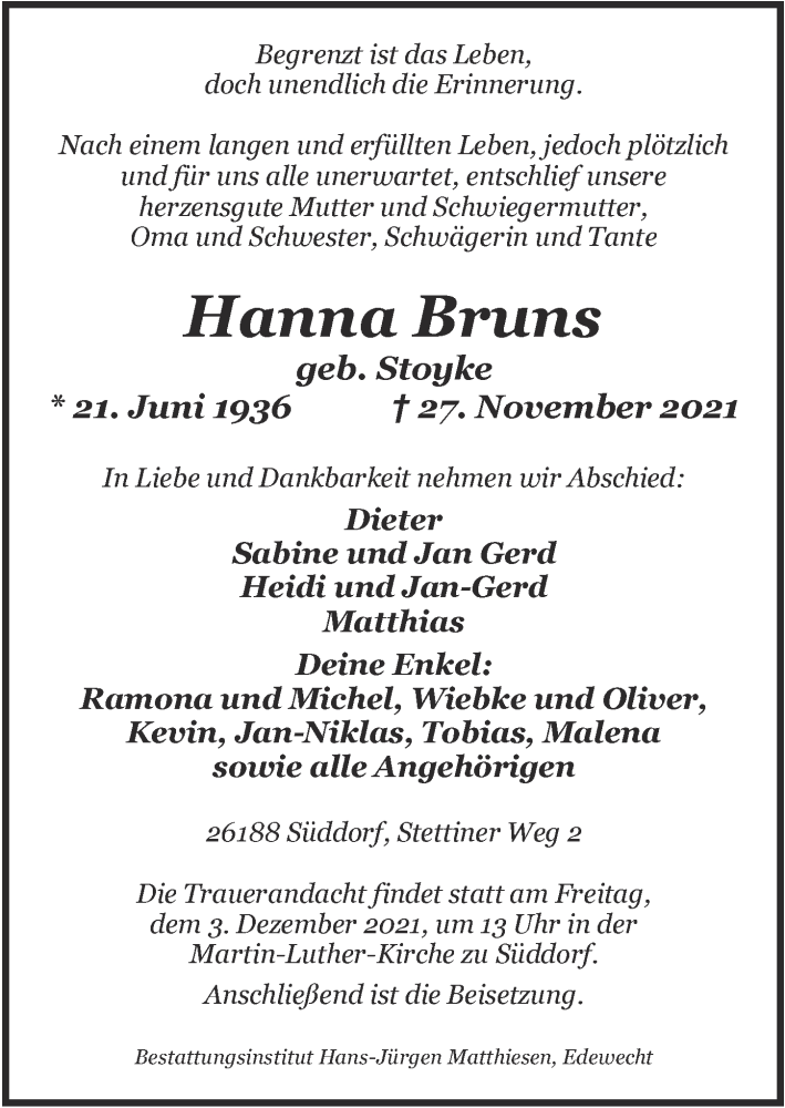  Traueranzeige für Hanna Bruns vom 01.12.2021 aus Nordwest-Zeitung