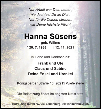 Traueranzeige von Hanna Süsens von Nordwest-Zeitung