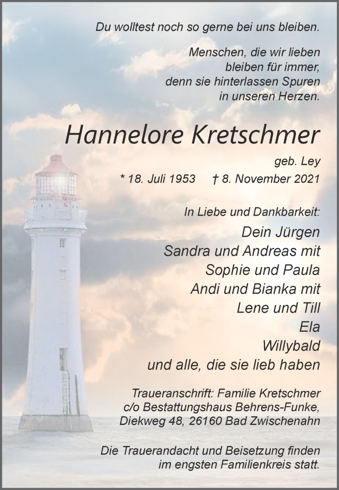  Traueranzeige für Hannelore Kretschmer vom 13.11.2021 aus Nordwest-Zeitung