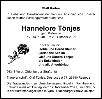 Traueranzeige von Hannelore Tönjes von Nordwest-Zeitung
