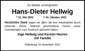 Traueranzeige von Hans-Dieter Hellwig von Nordwest-Zeitung