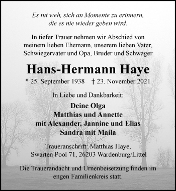 Traueranzeige von Hans-Hermann Haye von Nordwest-Zeitung