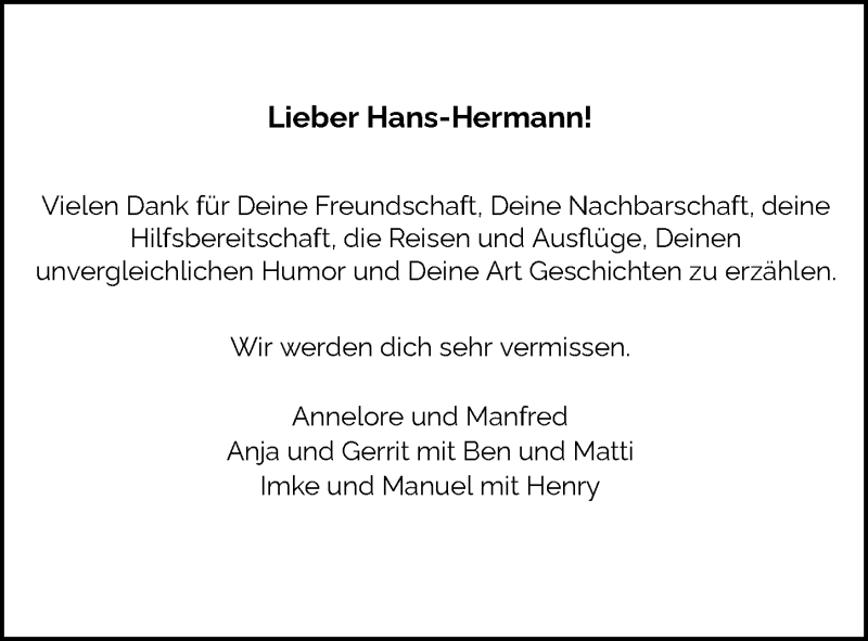  Traueranzeige für Hans-Hermann Haye vom 27.11.2021 aus Nordwest-Zeitung