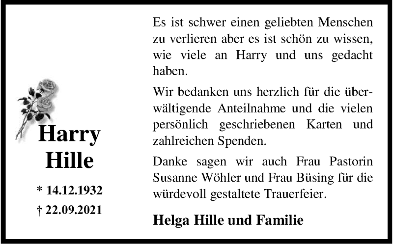  Traueranzeige für Harry Hille vom 06.11.2021 aus Nordwest-Zeitung