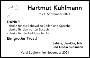 Traueranzeige von Hartmut Kuhlmann von Nordwest-Zeitung