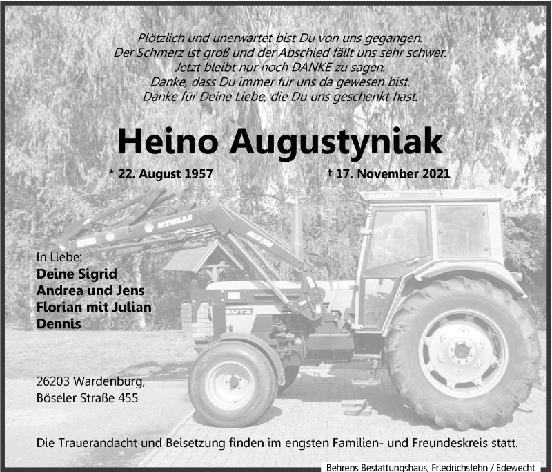  Traueranzeige für Heino Augustyniak vom 24.11.2021 aus Nordwest-Zeitung
