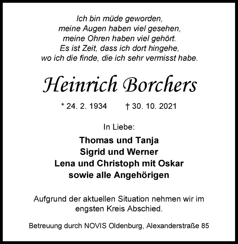  Traueranzeige für Heinrich Borchers vom 06.11.2021 aus Nordwest-Zeitung