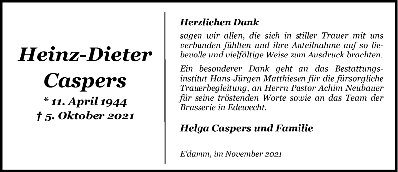  Traueranzeige für Heinz-Dieter Caspers vom 06.11.2021 aus Nordwest-Zeitung