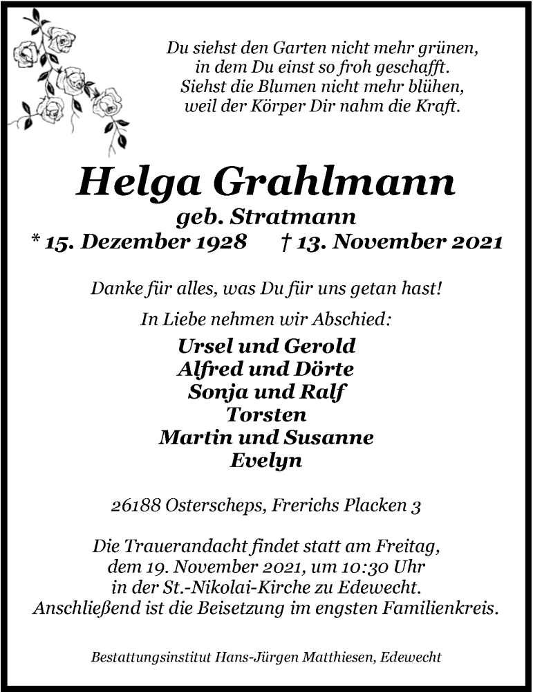  Traueranzeige für Helga Grahlmann vom 17.11.2021 aus Nordwest-Zeitung