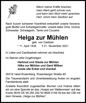 Traueranzeige von Helga zur Mühlen von Nordwest-Zeitung