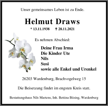 Traueranzeige von Helmut Draws von Nordwest-Zeitung