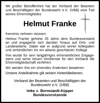 Traueranzeige von Helmut Franke von Nordwest-Zeitung