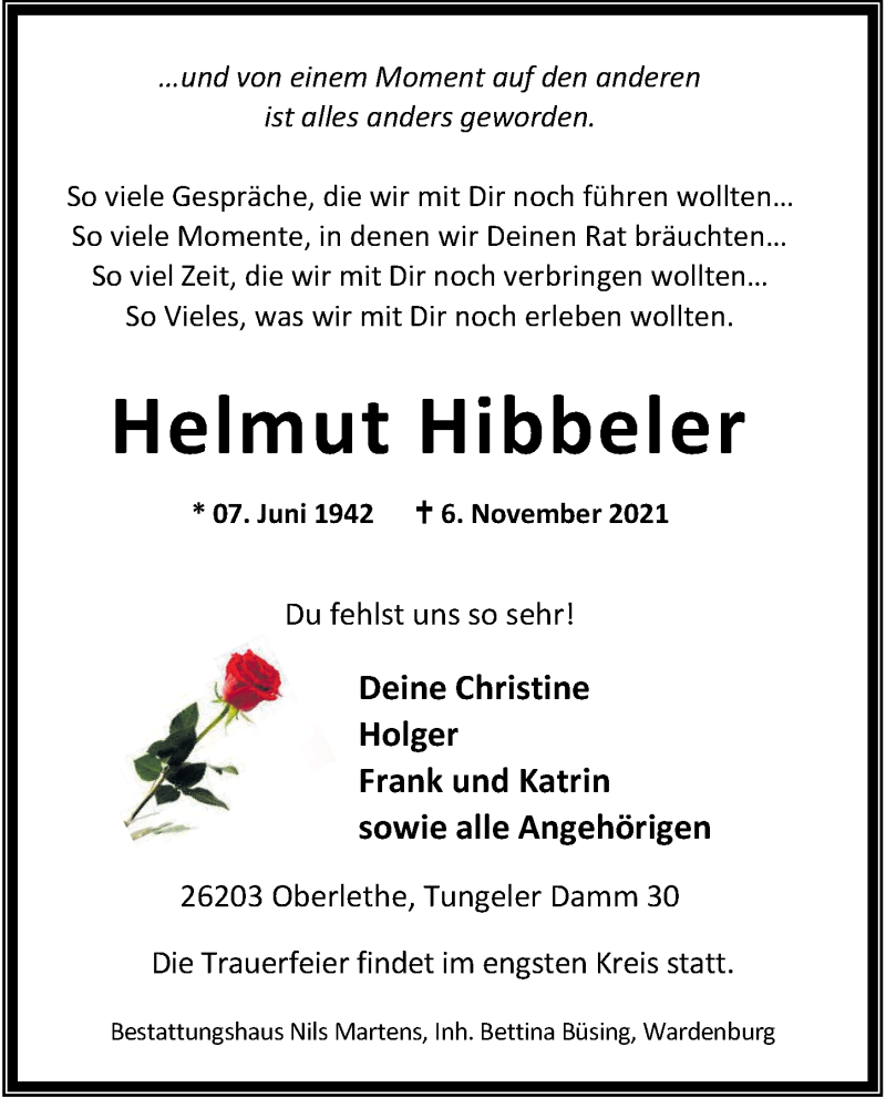  Traueranzeige für Helmut Hibbeler vom 10.11.2021 aus Nordwest-Zeitung