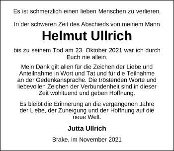 Traueranzeige von Helmuth Ullrich von Nordwest-Zeitung