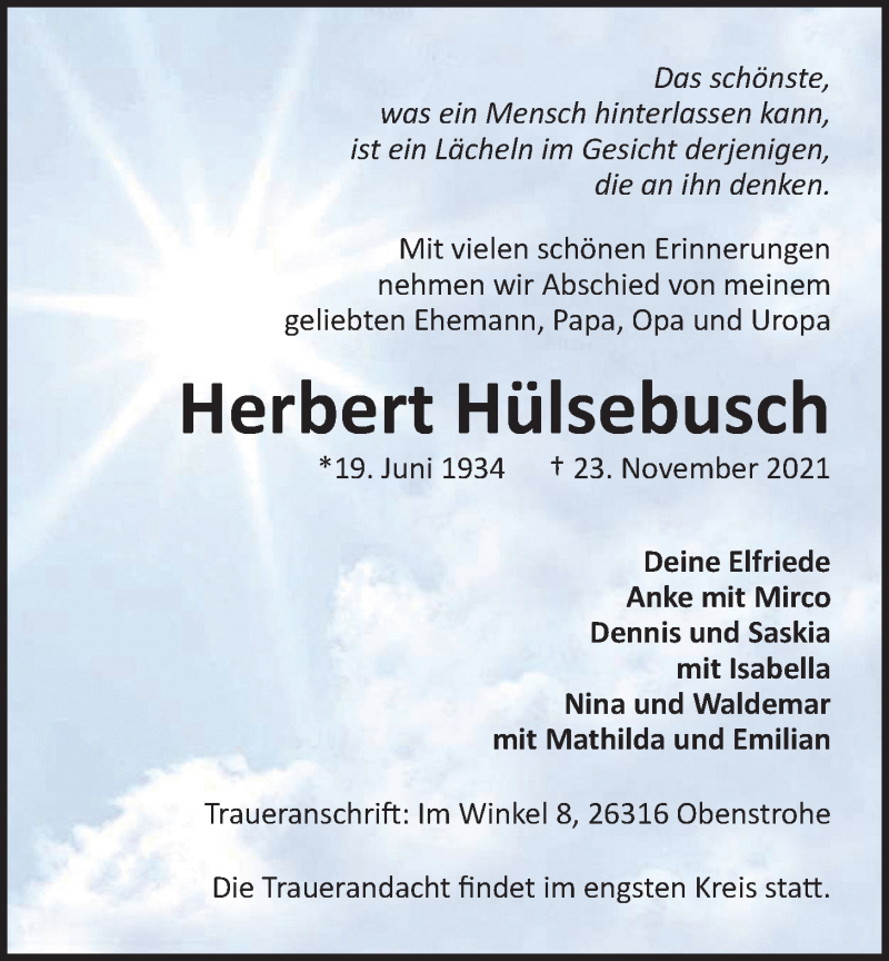  Traueranzeige für Herbert Hülsebusch vom 27.11.2021 aus Nordwest-Zeitung
