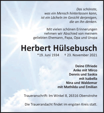 Traueranzeige von Herbert Hülsebusch von Nordwest-Zeitung