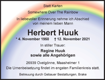 Traueranzeige von Herbert Huuk von Nordwest-Zeitung
