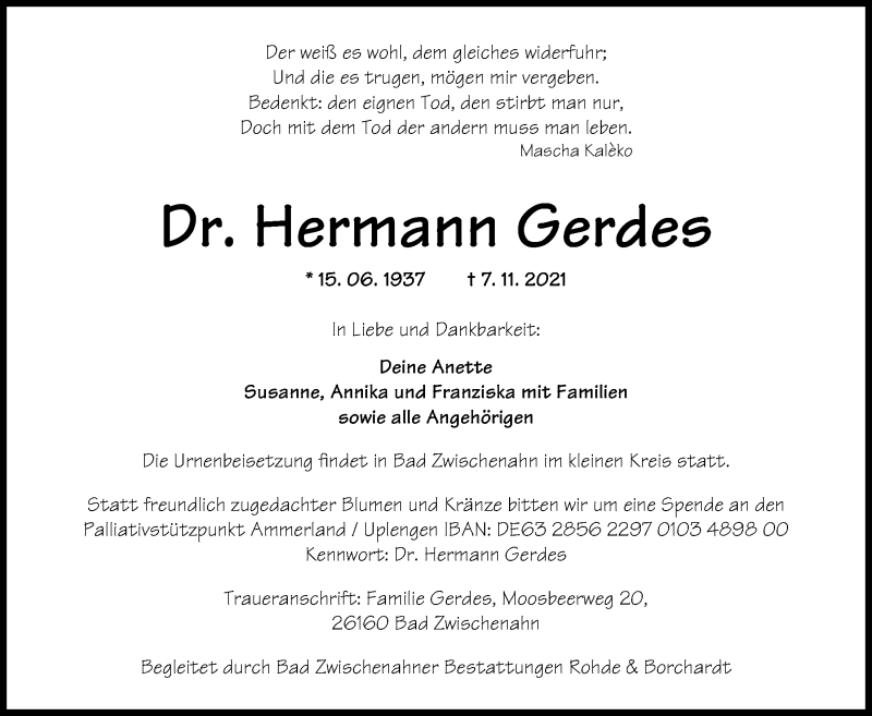  Traueranzeige für Hermann Gerdes vom 12.11.2021 aus Nordwest-Zeitung