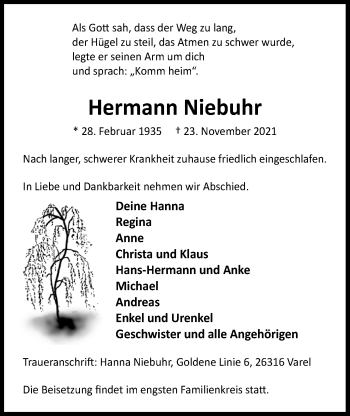 Traueranzeige von Hermann Niebuhr von Nordwest-Zeitung