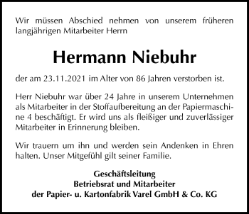 Traueranzeige von Hermann Niebuhr von Nordwest-Zeitung