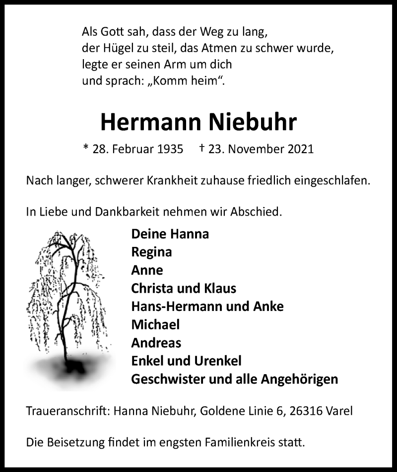  Traueranzeige für Hermann Niebuhr vom 27.11.2021 aus Nordwest-Zeitung