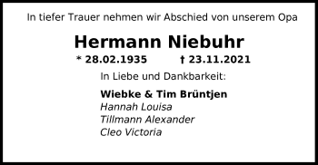 Traueranzeige von Hermann Niebuhr von Nordwest-Zeitung