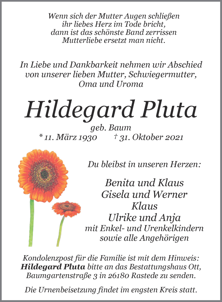  Traueranzeige für Hildegard Pluta vom 06.11.2021 aus Nordwest-Zeitung