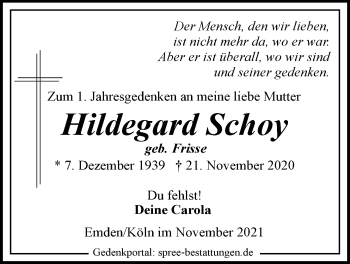 Traueranzeige von Hildegard Schoy von Emder Zeitung