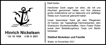 Traueranzeige von Hinrich Nickelsen von Nordwest-Zeitung