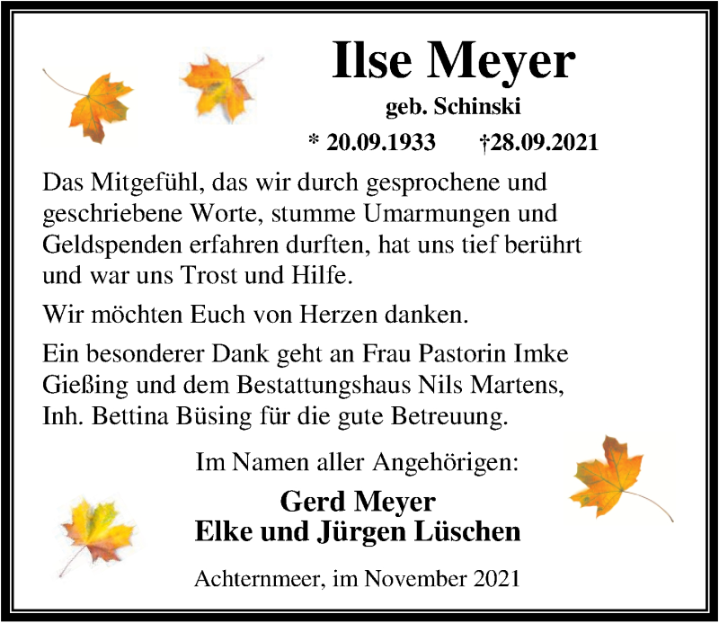  Traueranzeige für Ilse Meyer vom 12.11.2021 aus Nordwest-Zeitung