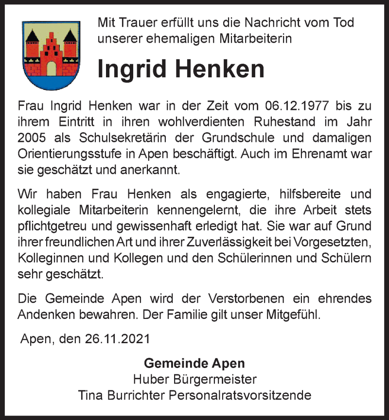  Traueranzeige für Ingried Henken vom 27.11.2021 aus Nordwest-Zeitung