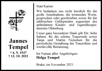 Traueranzeige von Jannes Tempel von Nordwest-Zeitung