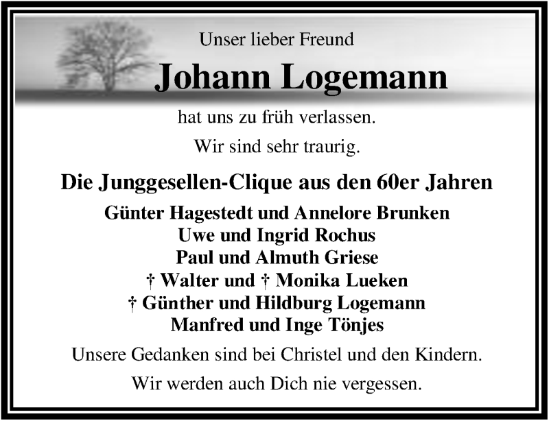  Traueranzeige für Johann Logemann vom 03.11.2021 aus Nordwest-Zeitung