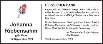 Traueranzeige von Johanna Riebensahm von Nordwest-Zeitung