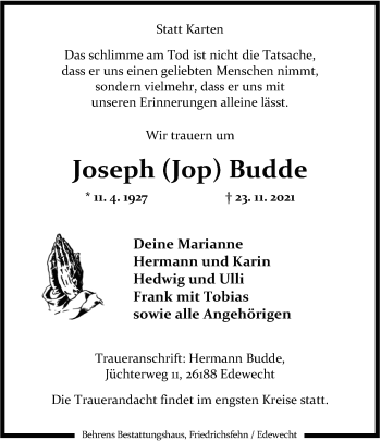 Traueranzeige von Joseph Budde von Nordwest-Zeitung