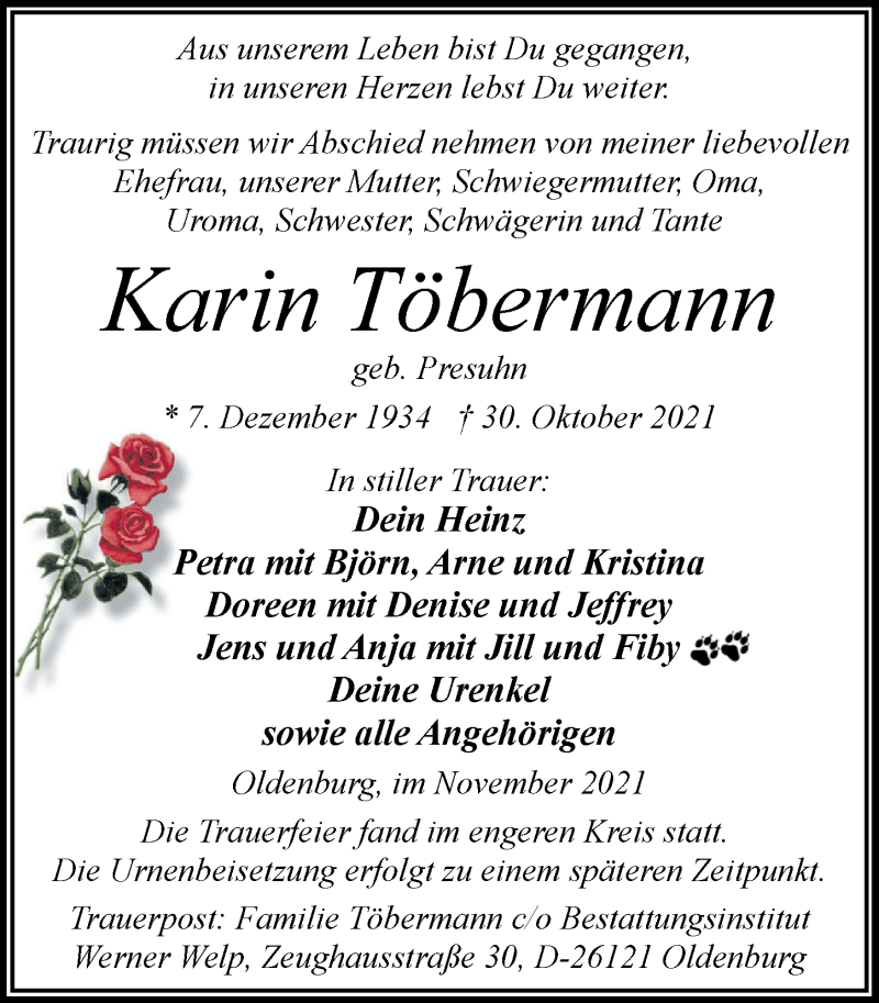  Traueranzeige für Karin Töbermann vom 06.11.2021 aus Nordwest-Zeitung