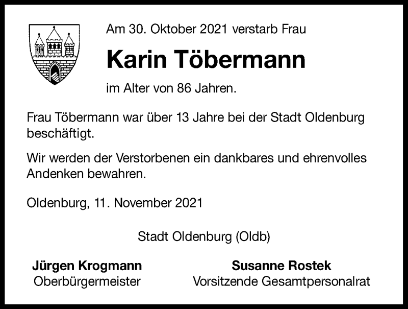  Traueranzeige für Karin Töbermann vom 11.11.2021 aus Nordwest-Zeitung