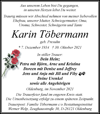 Traueranzeige von Karin Töbermann von Nordwest-Zeitung