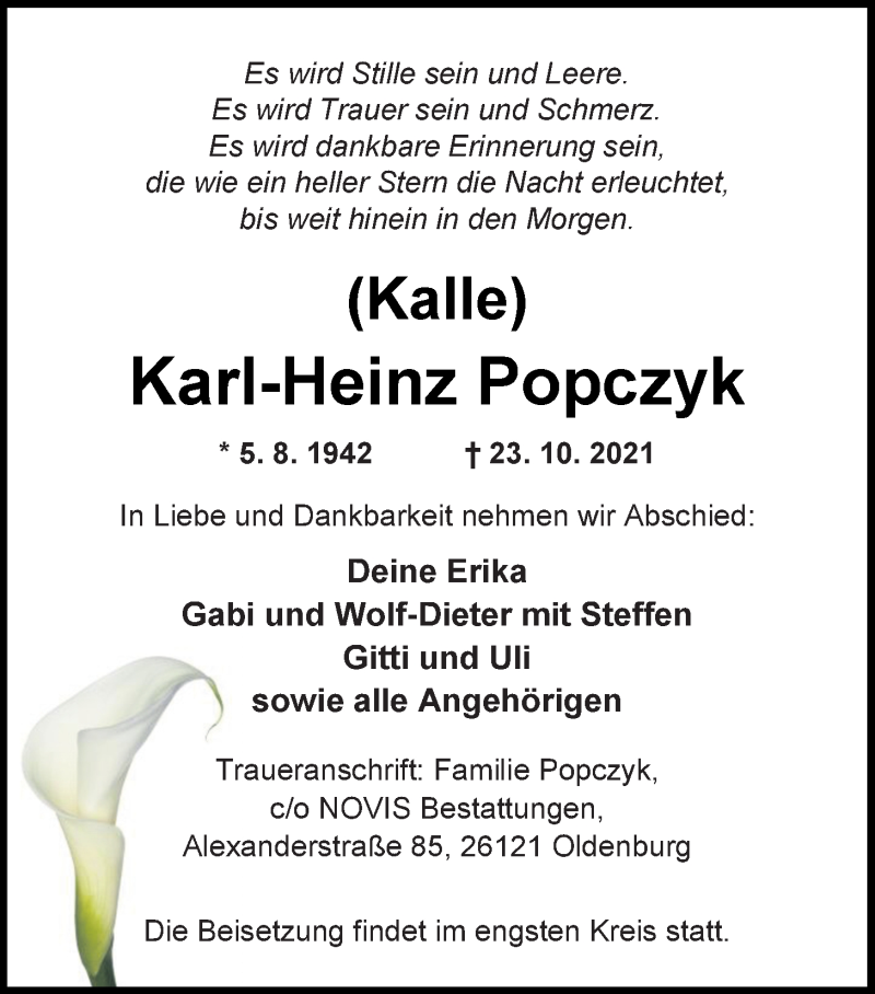 Traueranzeige für Karl-Heinz Popczyk vom 06.11.2021 aus Nordwest-Zeitung