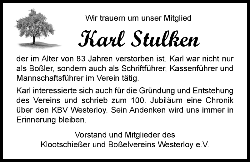  Traueranzeige für Karl Stulken vom 25.11.2021 aus Nordwest-Zeitung