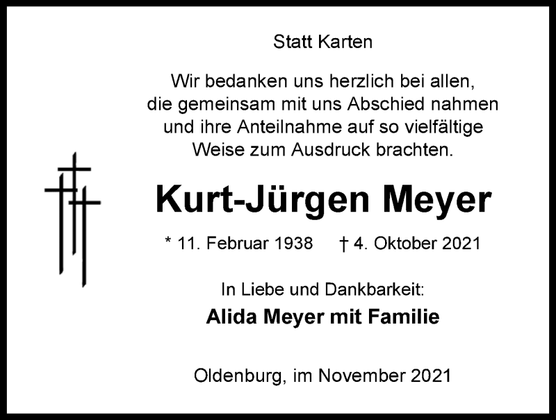 Traueranzeige für Kurt-Jürgen Meyer vom 13.11.2021 aus Nordwest-Zeitung