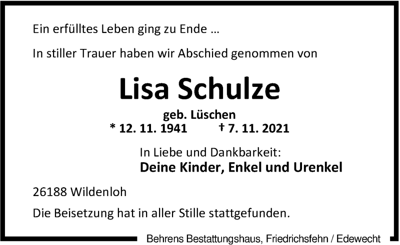  Traueranzeige für Lisa Schulze vom 18.11.2021 aus Nordwest-Zeitung