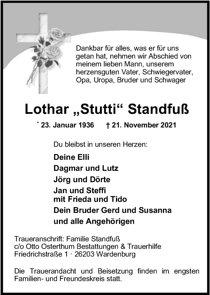  Traueranzeige für Lothar Standfuß vom 27.11.2021 aus Nordwest-Zeitung