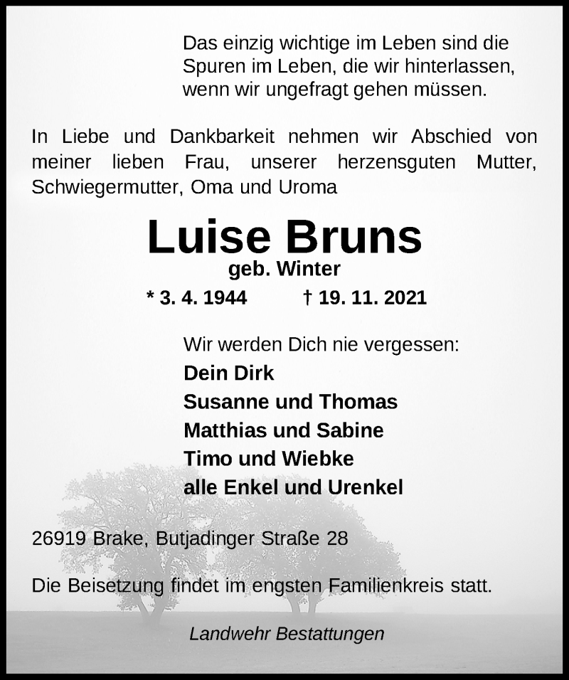  Traueranzeige für Luise Bruns vom 23.11.2021 aus Nordwest-Zeitung